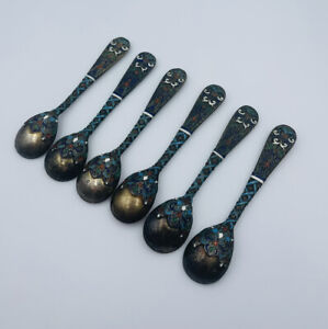 Antique Russian 88 Sterling Silver Set 6 Magnificent Enamel Spoons 4 1 4 