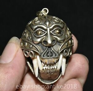 2 Old Chinese Silver Inlaid Bone Dynasty Palace Beast Head Amulet Pendant