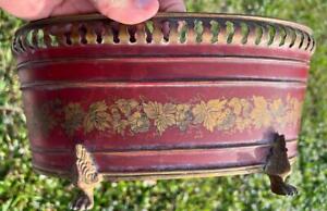 Antique Old French Toleware Red Tole Painted Metal Cache Pot Planter Centerpiece