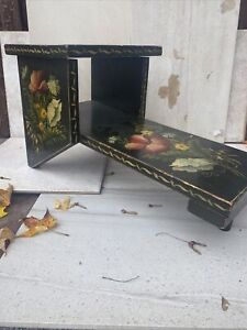 Vintage Hand Painted Black Tole Furniture Floral 11x19x10 Tiered Side Table