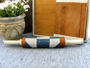 Antique Wood Rolling Pin Grain Sack Milk Paint Old Blue Quilt Sleeve