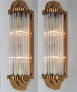 Pair Art Deco Vintage Light Old Lamp Wall Sconces Fixture Brass Glass Rod