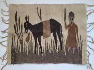 Mid Century Modern 70s Handwoven Folk Art Hunting Wall Hanging Weaving Tapestry