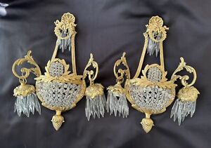Pair French Gilt Brass Crystal Beaded Wall Sconces Ornate
