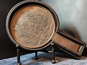Antique 1800 S Signed Japanese Bronze Hand Mirror In Original Case