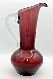 Amethyst Purple Crackle Glass Pitcher Vase Art Glass Vintage Hand Blown