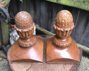 Vintage Pair Of Carved Oak Acorn Finials Stair Newel Post Caps Top Architectural