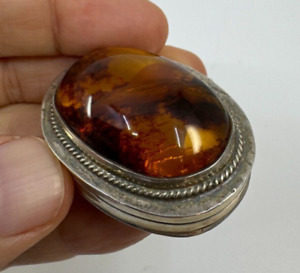 Vintage Sterling Silver Pill Trinket Box With Beautiful Baltic Amber
