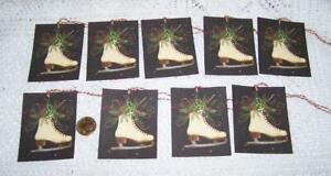9 Christmas Primitive Ice Skate Folk Art Linen Cardstock Gift Hang Tags Ornies