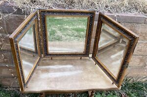 Antique Victorian Beveled Glass Mirror Folding Vanity Dresser Travel Table Wall