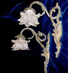 Pair Of Rare Antique French Bronze Brass Spiral Sconces White Satin Roses