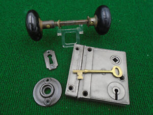 Circa 1890 Rim Lock Complete Set W Key Keeper Knobs Escutcheons 40583 