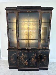 Drexel Heritage Et Cetera Black Lacquer Chinoiserie Breakfront China Cabinet