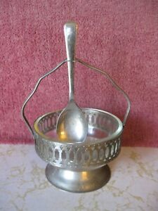 Vintage Leonard Sugar Bowl Holder Glass Bowl Silver Plated Spoon Silver Plated