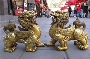 Chinese Pure Brass Talisman Fengshui Evil Door Fu Foo Dog Lion Beast Kylin Pair