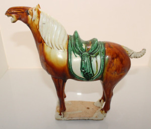 Vintage Chinese Tang Dynasty Style Glazed Pottery Horse Figure 9 Tall X 10 W