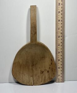 Antique Handmade Wooden Primitive Wooden Spoon Wide Bowl Short Handle Hooked