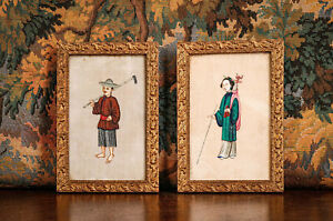 Lovely Pair Chinese Chinoiserie Asian Antique Portrait Miniature Gauche Painting