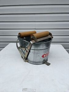 Vintage White Working Wringer Mop Pail Galvanized Bucket W Wooden Rollers
