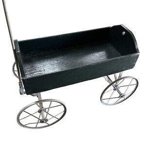 Wood Primitive Steel Wheel Wagon Vintage Handmade Cart Wagon Green Folk Art