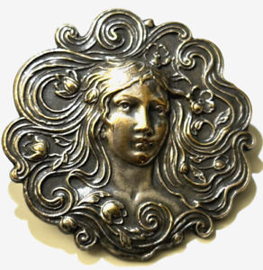 Large Art Nouveau Woman S Head Silver On Brass Button 19an