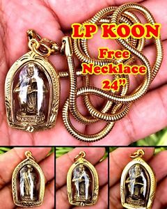 Thai Buddha Phra Lp Koon Amulet Wat Banrai Gold Necklace Pendant Talisman A510