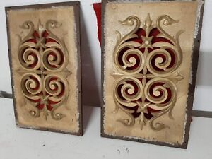 Two Antique Carved Salvage Piano Wood Panel Inlays Arts Crafts