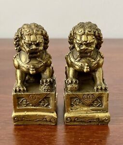 Vintage Set Of 2 Solid Brass Guardian Foo Dog Lion Figurines 2 3 4 H 
