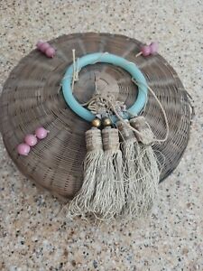 Vintage Antique Chinese Wicker Sewing Basket Beads Tassels