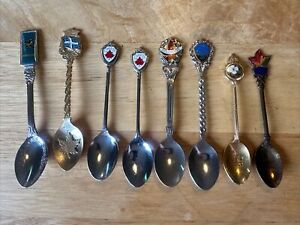 Vtg Silver Enamel Souvenir Spoons Lot Of 8 Canadian Quebec 1000 Island Leaf