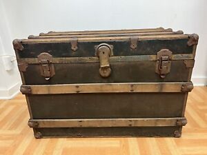 Vintage Wood Steamer Trunk Tray Chest Coffee Table Storage Box Antique Old Loft