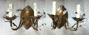 Vtg Bronze Metal Set Pair Of Two 2 Wall Sconce Electric Lamps Sconces Cristal