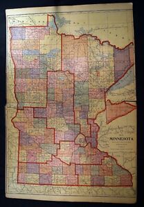 1912 Map State Of Minnesota Original Color 15 X 23 