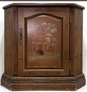 Vintage Cabinet With Hand Painted Asian Pagoda Scene