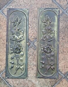 Pair Of Antique Repousse Floral Door Push Plates Reclaimed Salvage 