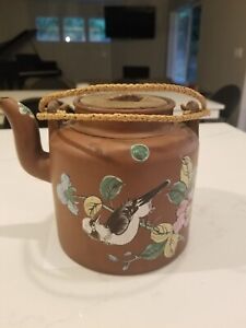 Antique Yixing Zisha Purple Clay Teapot With Colorful Bird Floral Bamboo Trivet
