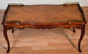 1930s French Louis Xv Walnut Satinwood Floral Inlaid Top Coffee Table
