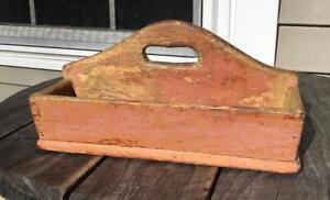 Vintage Prim Layered Chippy Painted Wooden Cutout Handle Small Carrier Box Tray
