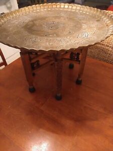 Antique Etched Brass Tray Table With Wood Base Middle Eastern