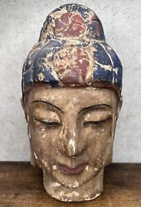 Antique Chinese Qing Dynasty Buddha Head Carved Wood Painted 12 5 Inches 19th C