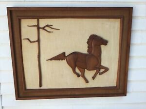 Large Mid Century Signed Danish Teak Hand Carved Horse Wall Hanging