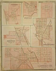 1876 Map Cambridge City Milton Hagerstown Indiana Local Scene On Reverse