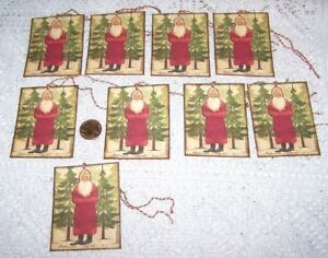 9 Christmas Primitive Vintage Belsnickle Santa Linen Cardstock Gift Hang Tags