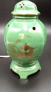 Vintage Dresden Porcelain Perfume Lamp Green Asian Urn Form Lamp Small Decora