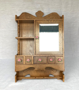 Antique Oak Wood Mirrored Door Medicine Bathroom Cabinet With Towel Bar Rare 