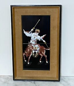 Vintage Framed Chinese Two Hand Painted Tiles Depicting A Warrior On Horse