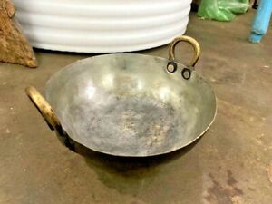 Old Vintage Rare Brass Hammered Cooking Kadhai Wok Frying Pan Rich Patina