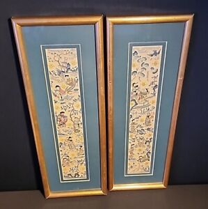 Vintage Pair Of Framed Chinese Asian Silk Hand Embroidery Panels Gold Stitching