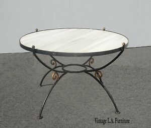 Vintage Spanish Style Wrought Iron W White Gray Marble Top Coffee Table