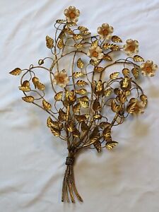 Floral Tole Candle Wall Sconces Italian Italy Gilted Gold Leaf Bouquet Flowers